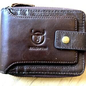 cowhide Brown Leather Wallet western Bull Captain RFID Block Zip Around Bifold